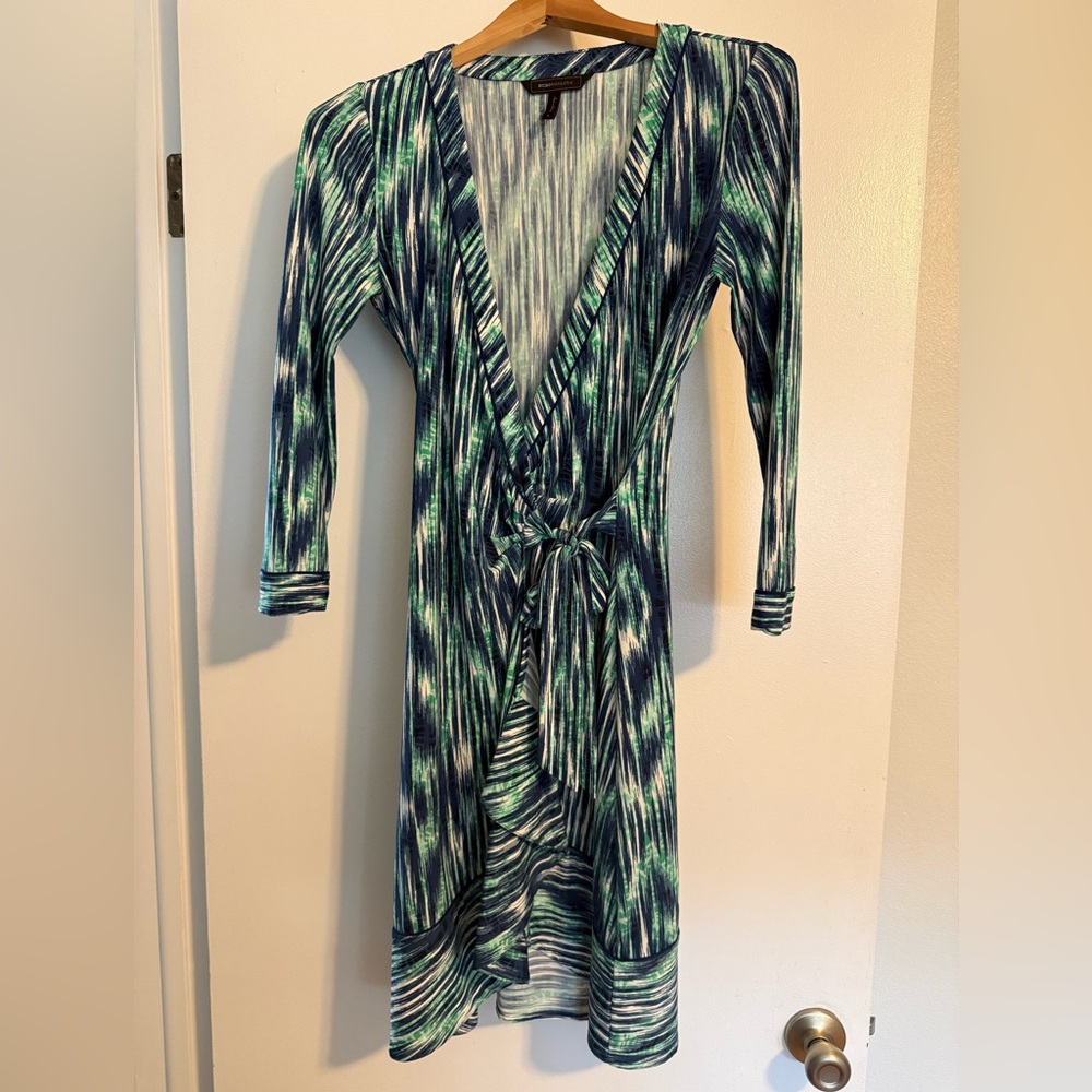 BCBGMaxAzria Green and Navy Striped Wrap Dress